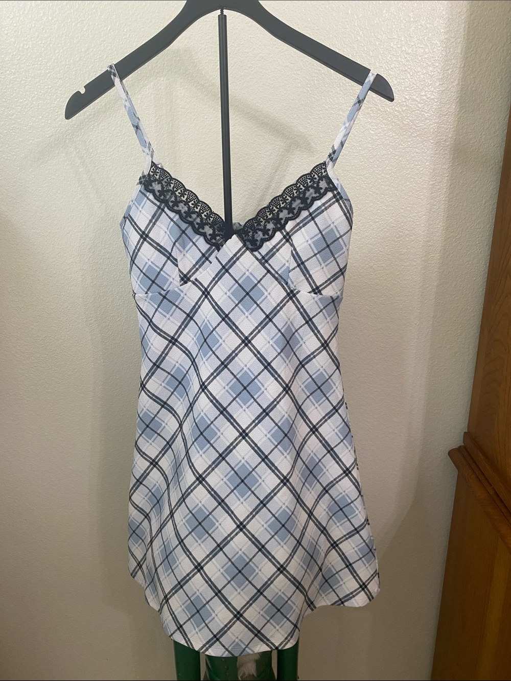 Almost Famous Blue, White and Black Plaid Lace-Trim Slip Dress Size M NWT